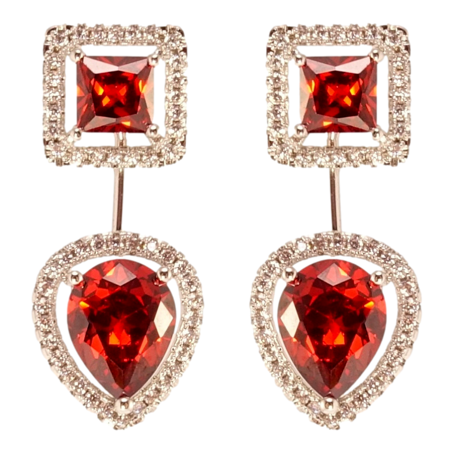 Сережки Xuping QQMM Родій пусети-джекети Червоні кристали в обрамленні цирконію фото №1