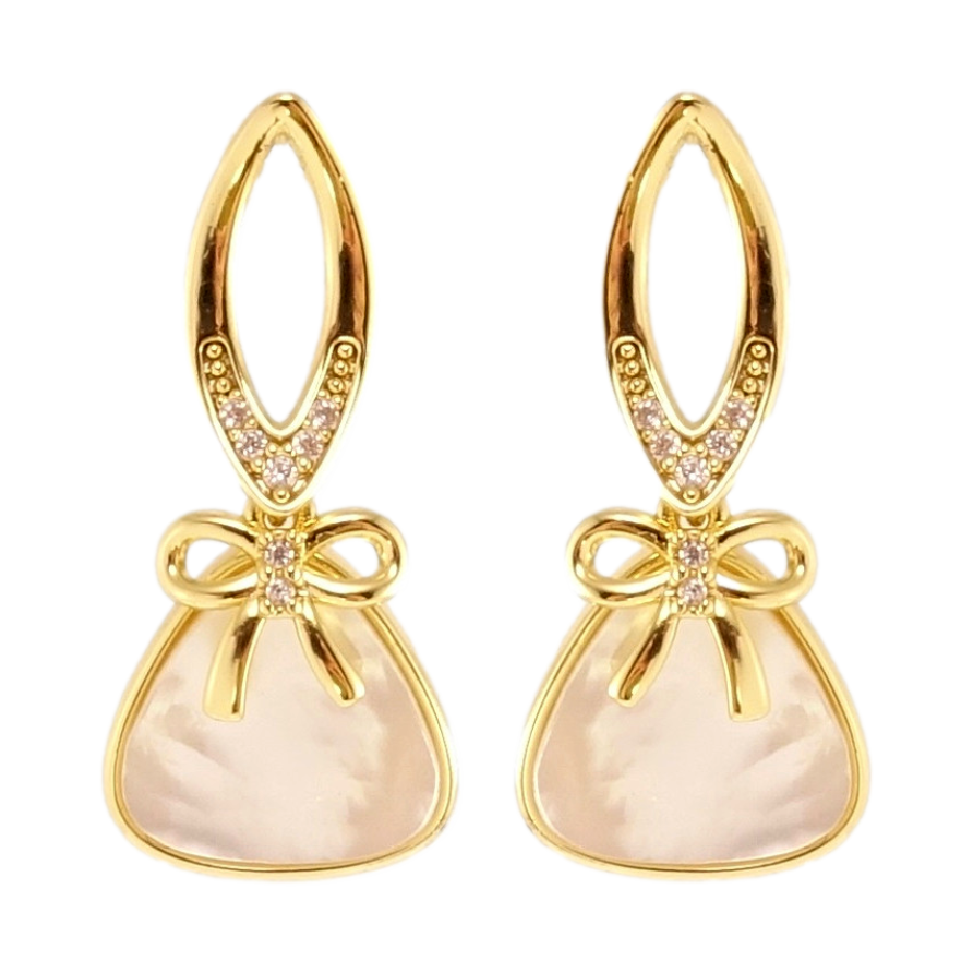Сережки Xuping QQMM Позолота 14K пусети Трикутники з перламутром та бантами фото №1