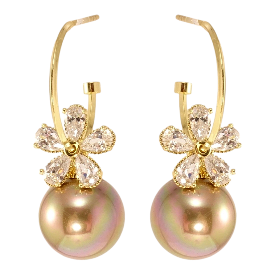 Сережки Xuping QQMM Позолота 14K пусети Дуги з кристальними квіточками та перлинами капучіно фото №1