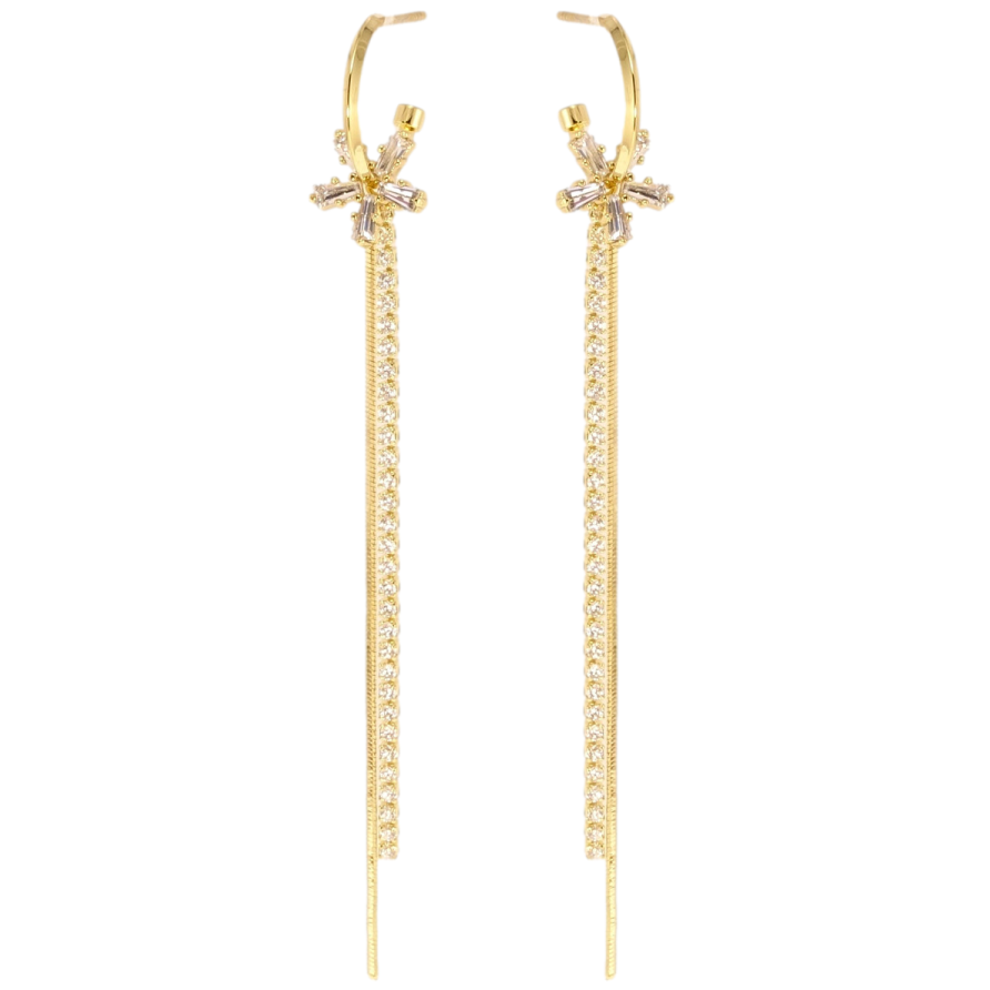 Сережки Xuping QQMM Позолота 14K пусети Кристальні квіточки на дугах з ланцюжками фото №1