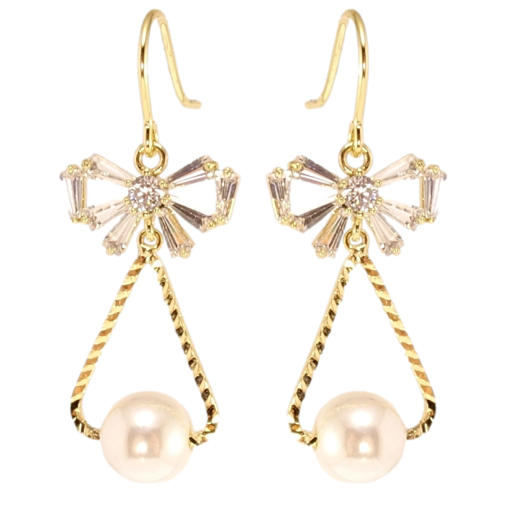 Сережки Xuping QQMM Позолота 14K французький замок Кристальні бантики з перлинними підвісками фото №6