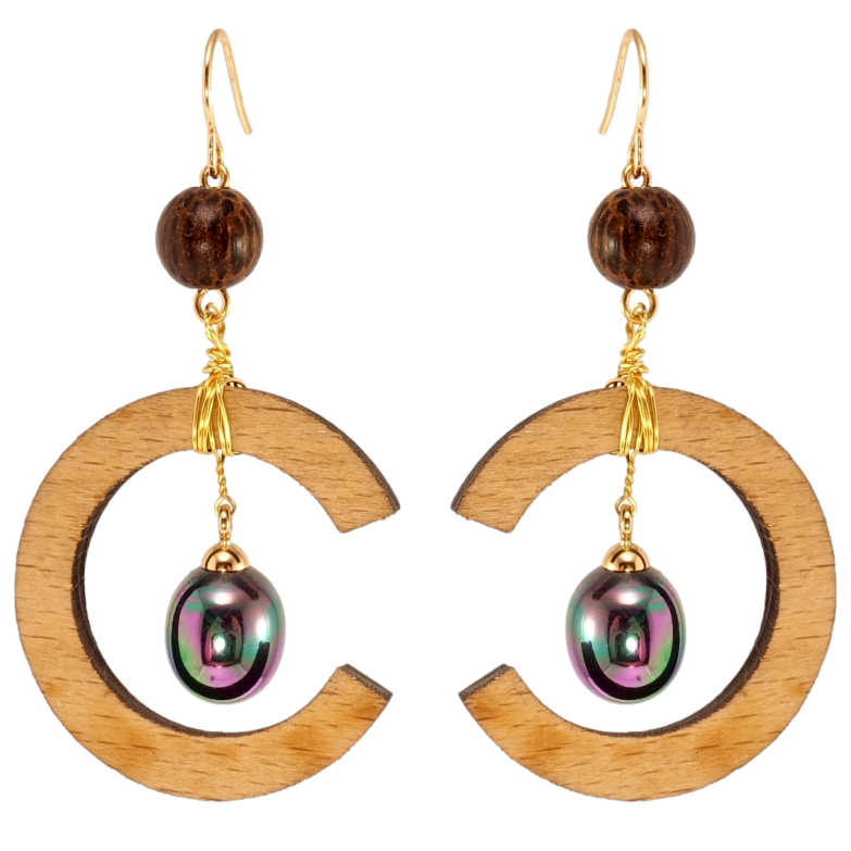 Сережки Xuping QQMM Позолота 14K французький замок Епатажні підвіски з дерев'яними півколечкими і чорним. фото №4