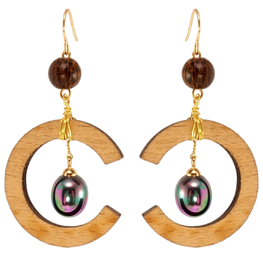 Сережки Xuping QQMM Позолота 14K французький замок Епатажні підвіски з дерев'яними півколечкими і чорним. фото №1