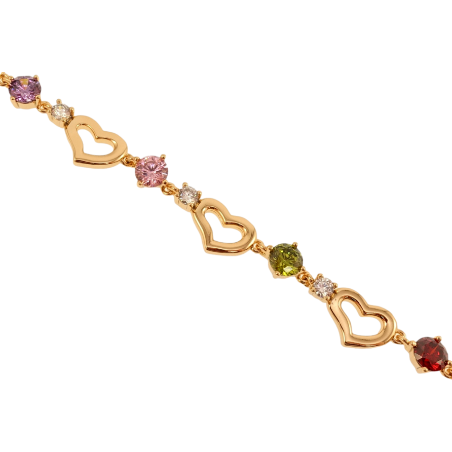 Браслет Xuping Позолота 18K Сердечки с разноцветными кристаллами длина с доп.замком 17.5,19.5см х 5-8мм фото №1