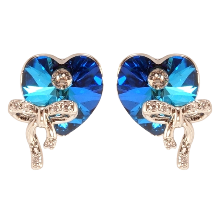 Сережки Xuping колір Родій з кристалами Swarovski пусети Сердечка Capri Blue з бантами фото №6