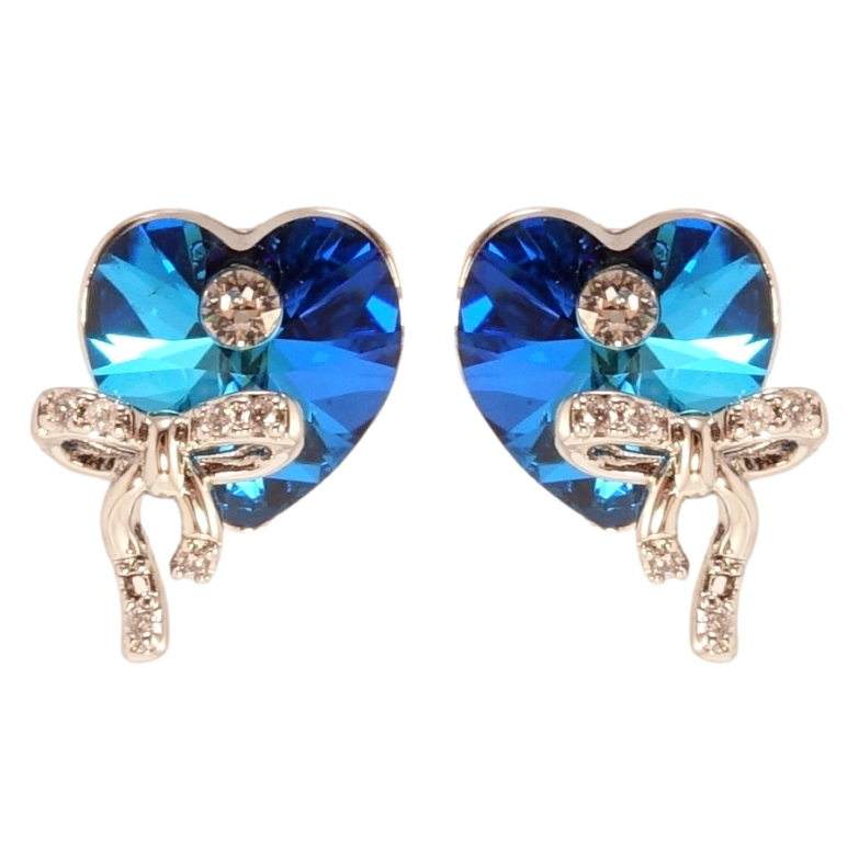 Сережки Xuping колір Родій з кристалами Swarovski пусети Сердечка Capri Blue з бантами фото №1