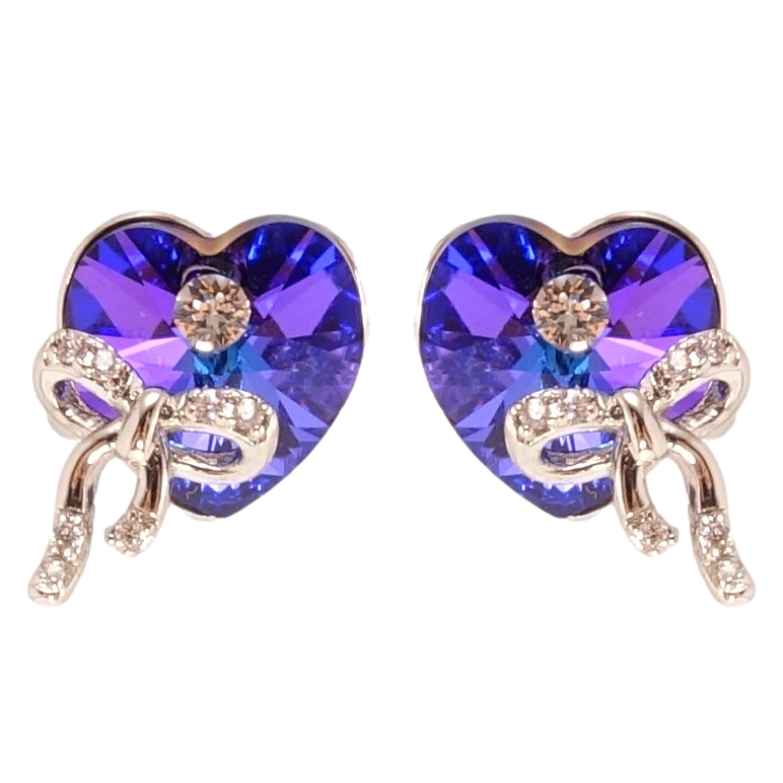 Серьги Xuping цвет Родий с кристаллами Swarovski пусеты Сердечки Majestic Blue с бантами фото №20
