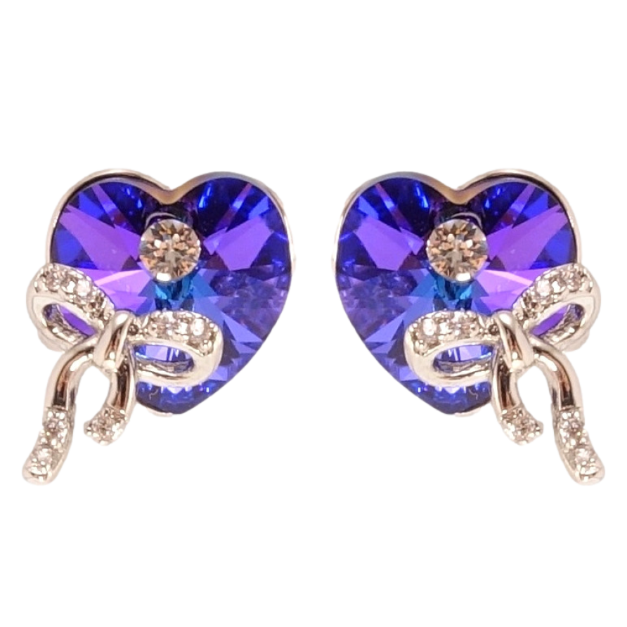 Серьги Xuping цвет Родий с кристаллами Swarovski пусеты Сердечки Majestic Blue с бантами фото №1