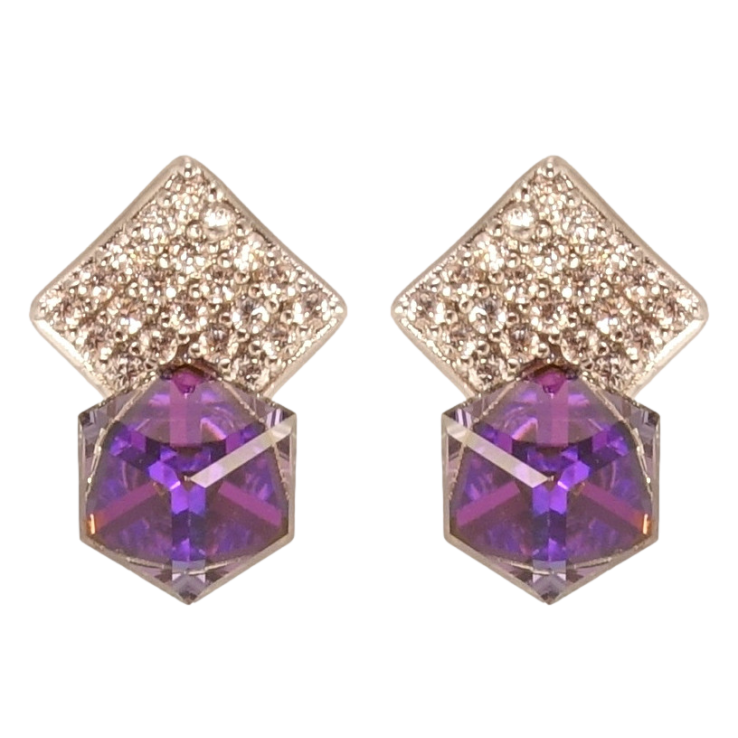 Серьги Xuping цвет Родий с кристаллами Swarovski пусеты Ромбы инкрустация кристаллами с кубиками Purple фото №13