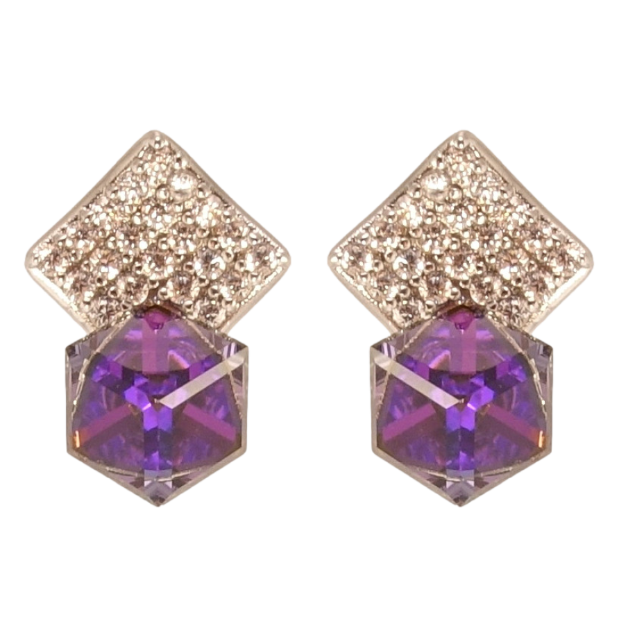 Серьги Xuping цвет Родий с кристаллами Swarovski пусеты Ромбы инкрустация кристаллами с кубиками Purple фото №1