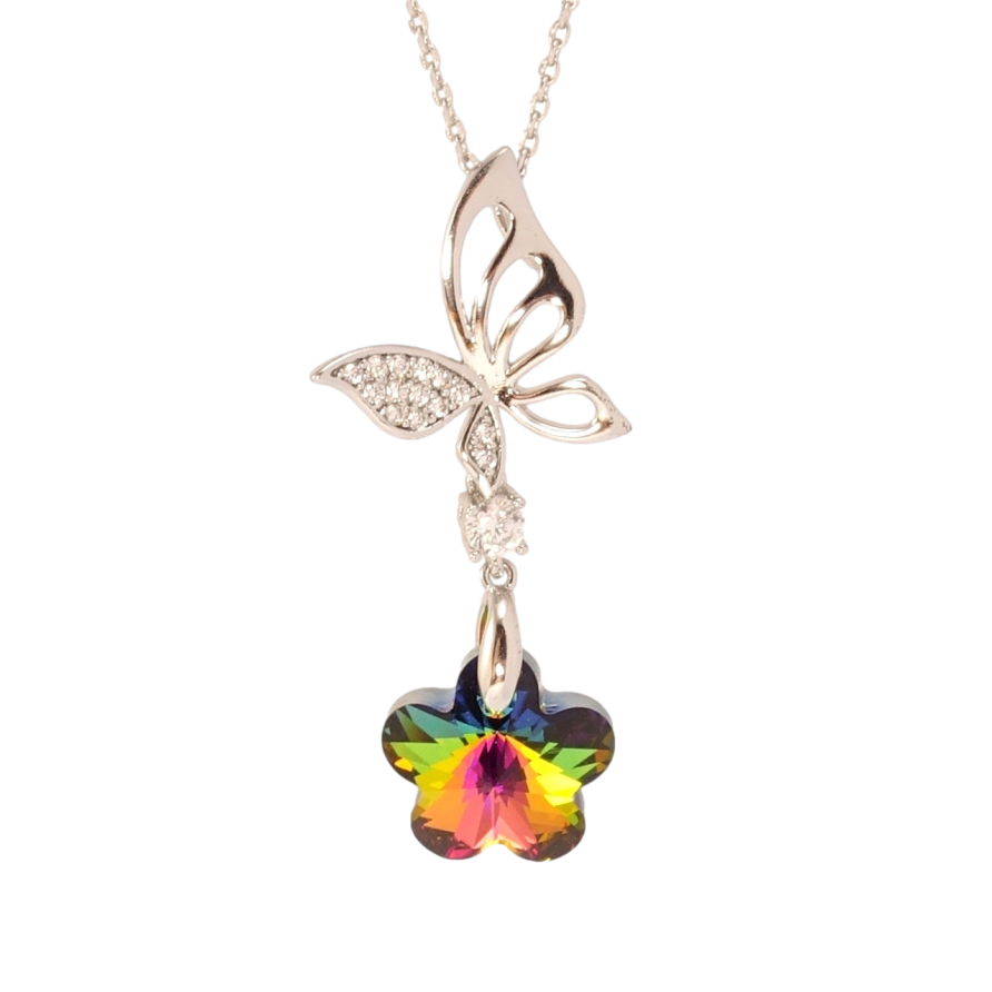 Кулон Xuping колір Родій з кр-ми Swarovski на ланцюжку Метелик з квіточкою Vitrail Medium довжина 40-45см х 1мм фото №1