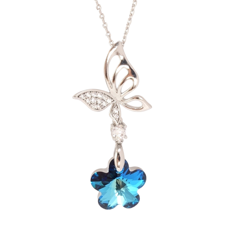 Кулон Xuping цвет Родий с кр-ми Swarovski на цепочке Бабочка с цветочком Capri Blue длина 40-45см х 1мм фото №1