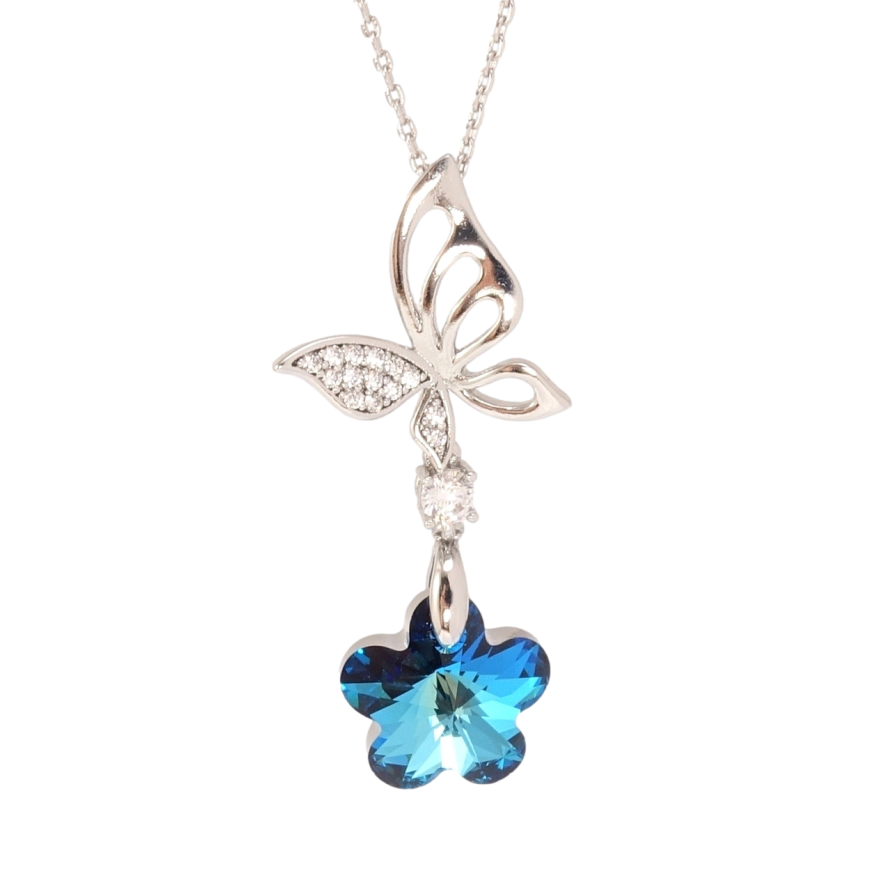 Кулон Xuping колір Родій з кр-ми Swarovski на ланцюжку Метелик з квіточкою Capri Blue довжина 40-45см х 1мм фото №1