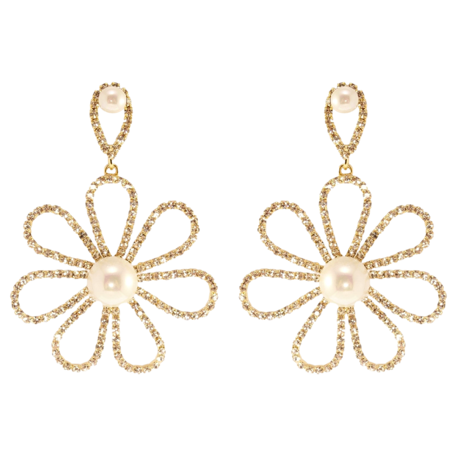 Сережки Xuping QQMM Позолота 14K пусети Ромашки з цирконієм та перлами фото №1