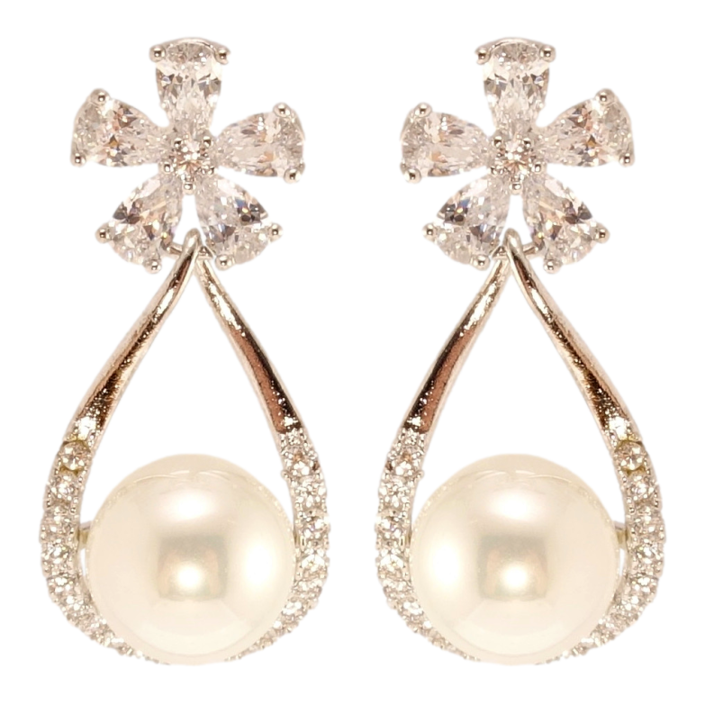 Серьги Xuping QQMM Родий пусеты Кристальные цветочки с подвесками жемчужинами в капельках фото №3