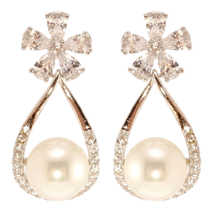 Сережки Xuping QQMM Родій пусети Кристальні квіточки з підвісками перлинами в крапельках фото №1