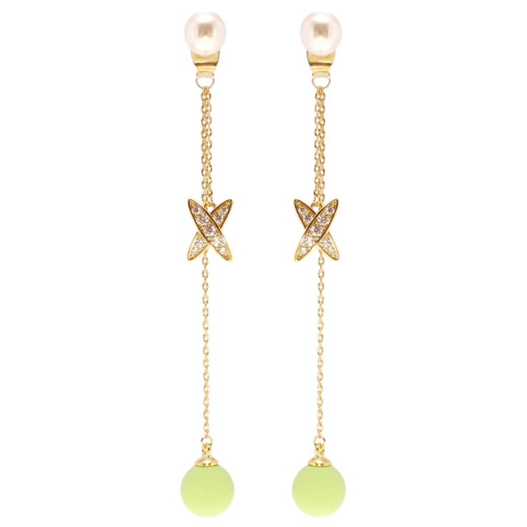 Сережки Xuping QQMM Позолота 14K пусети Салатові кульки з хрестиками на ланцюжках фото №4