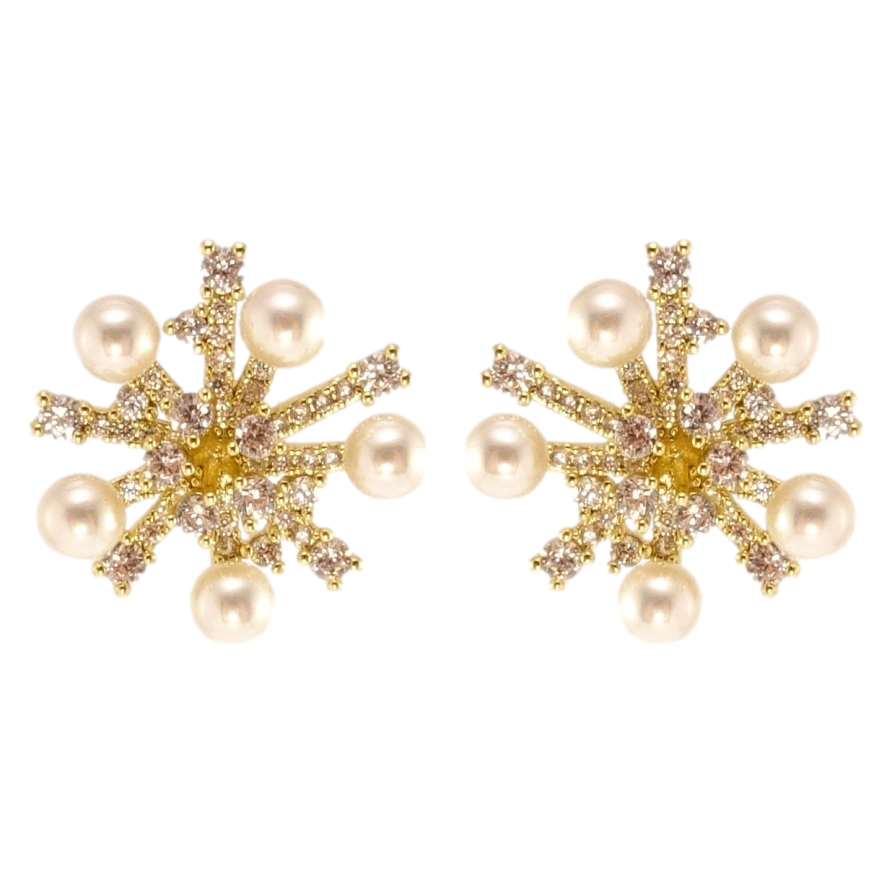 Сережки Xuping QQMM Позолота 14K пусети Сніжинки з цирконієм та перлами фото №1