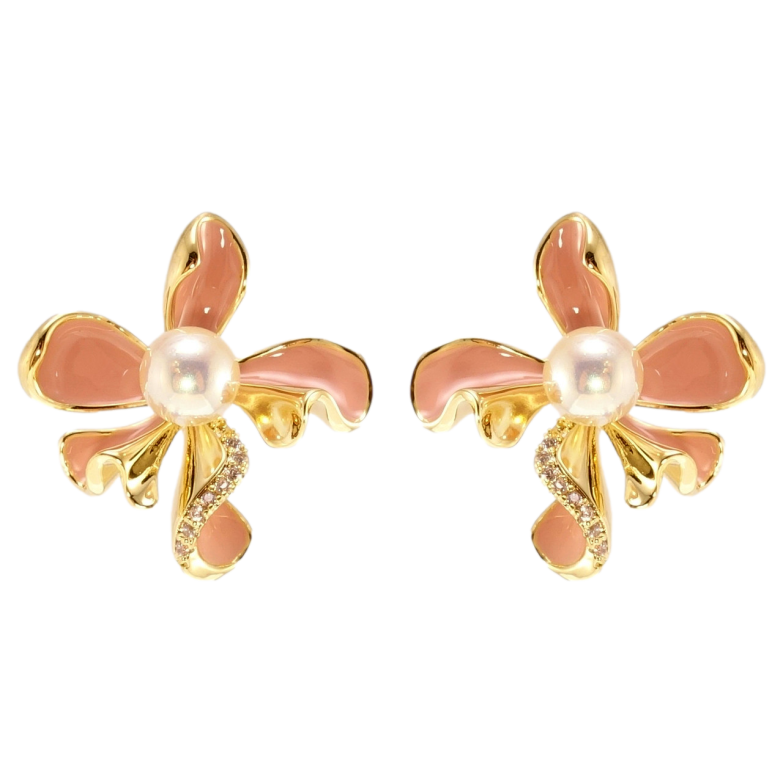 Серьги Xuping QQMM Позолота 14K пусеты Декоративные цветочки с бежевой эмалью и жемчужинами фото №1