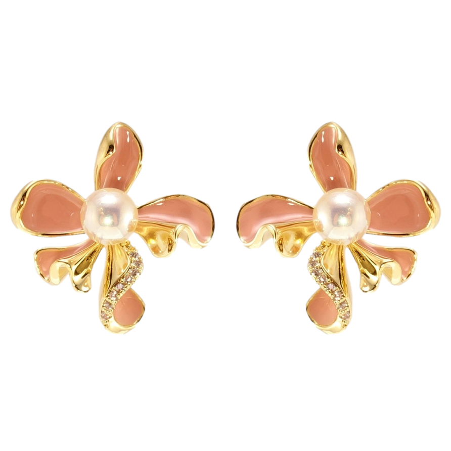 Серьги Xuping QQMM Позолота 14K пусеты Декоративные цветочки с бежевой эмалью и жемчужинами фото №1