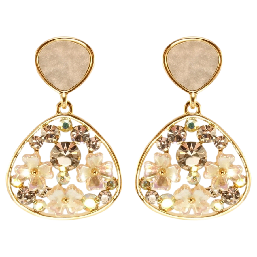 Серьги Xuping QQMM Позолота 14K пусеты Капельки с перламутровыми цветочками и кристаллами фото №1