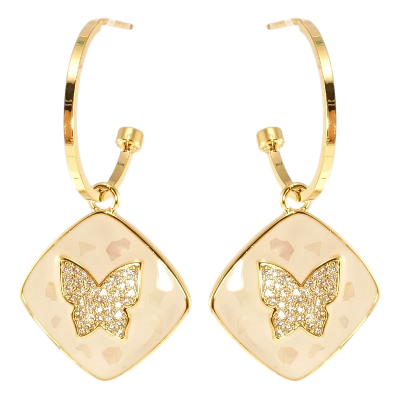 Серьги Xuping QQMM Позолота 14K пусеты Ромбы с бабочками и белой эмалью на кольцах фото №1