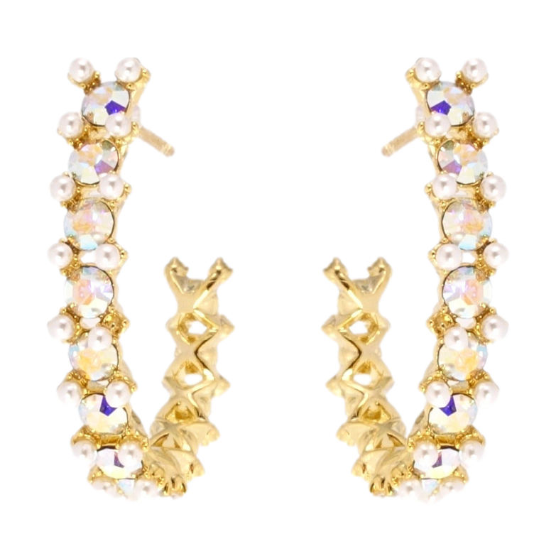 Серьги Xuping QQMM Позолота 14K пусеты Дуги с дорожками радужных кристаллов и жемчужинками фото №1