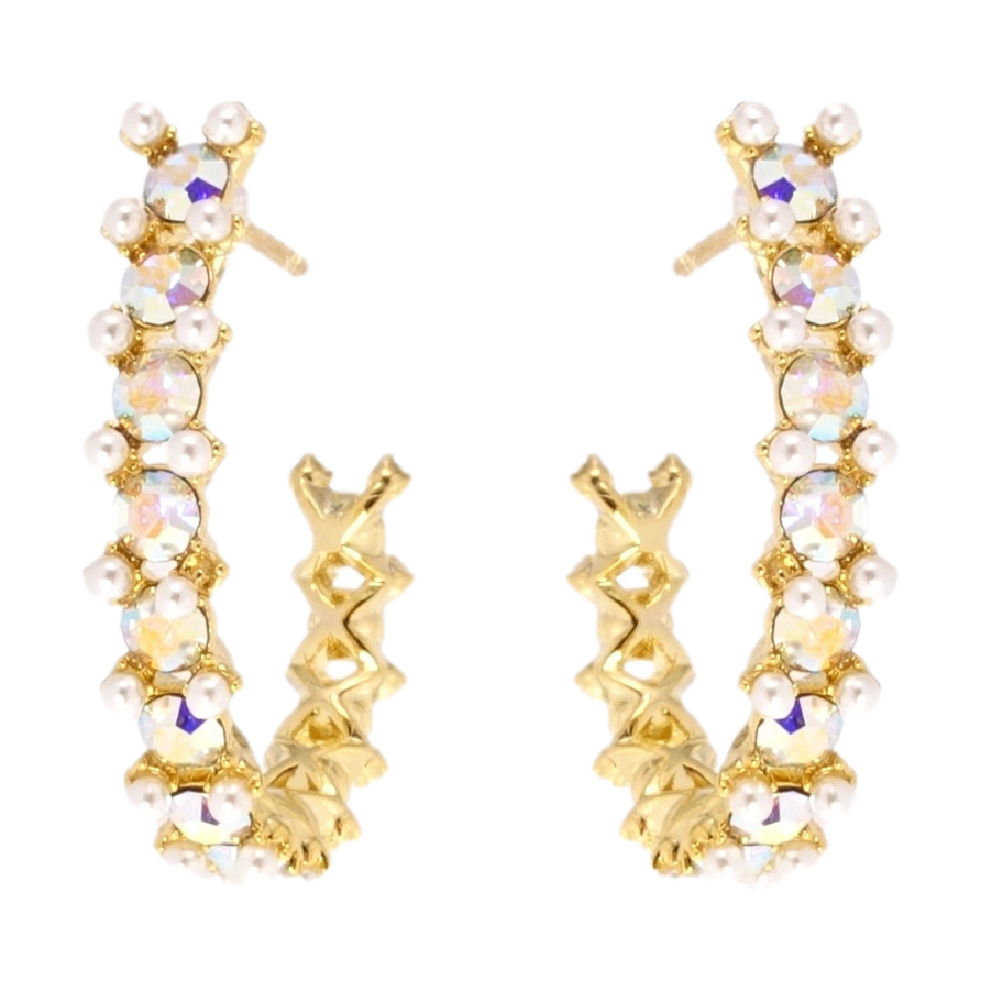 Сережки Xuping QQMM Позолота 14K пусети Дуги з доріжками райдужних кристалів та перлинками фото №1