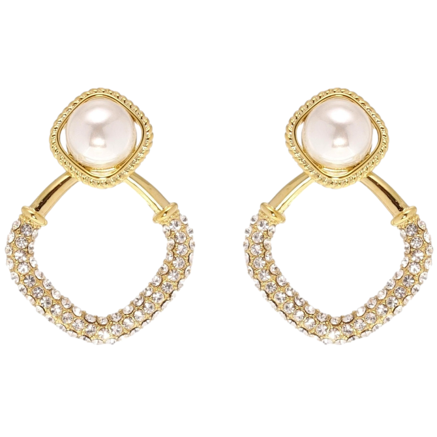 Сережки Xuping QQMM Позолота 14K пусети Витончені ромби з перлами та цирконієм фото №1