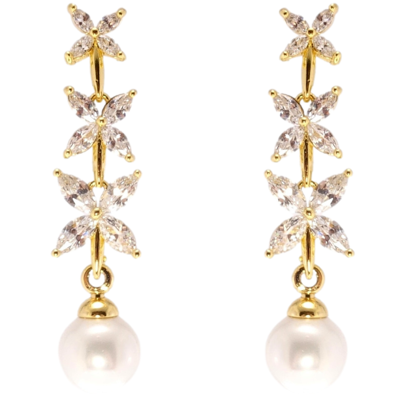 Серьги Xuping QQMM Позолота 14K пусеты Кристальные цветочки с жемчужинами фото №1