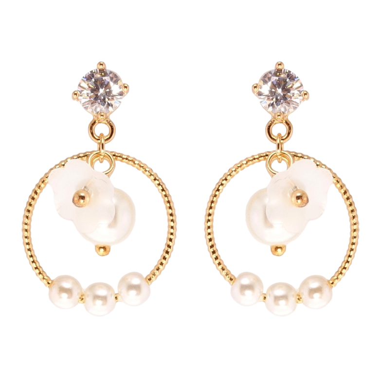 Серьги Xuping QQMM Позолота 18K пусеты Колечки с жемчужными бусинами и цветочком фото №15