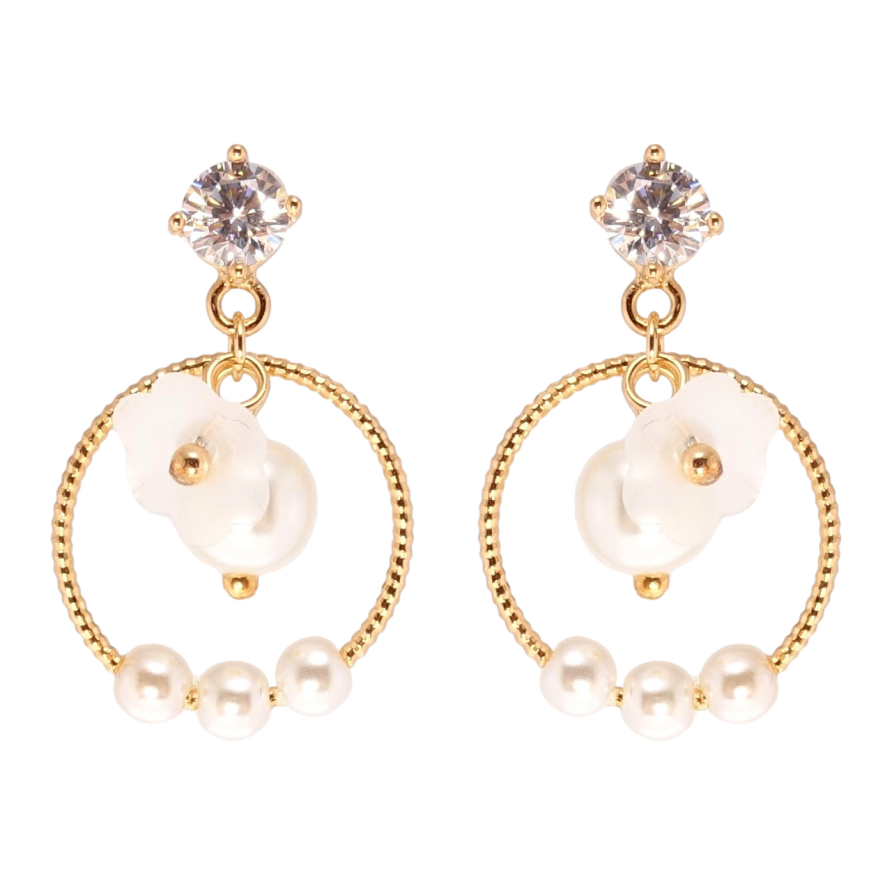 Серьги Xuping QQMM Позолота 18K пусеты Колечки с жемчужными бусинами и цветочком фото №1