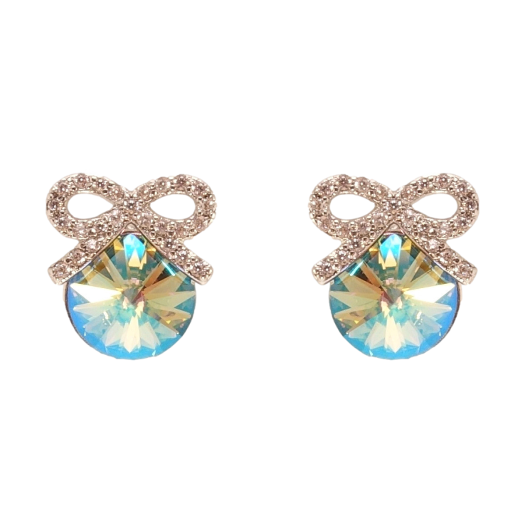 Серьги Xuping цвет Родий с кристаллами Swarovski пусеты Кристалл Peridot Shimmer с бантом фото №9