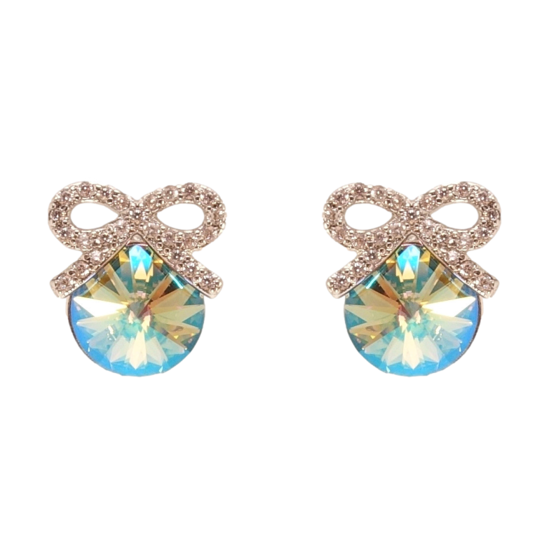 Серьги Xuping цвет Родий с кристаллами Swarovski пусеты Кристалл Peridot Shimmer с бантом фото №11