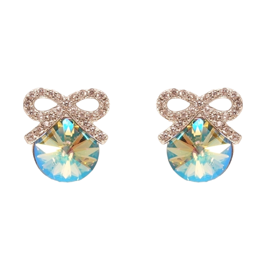 Серьги Xuping цвет Родий с кристаллами Swarovski пусеты Кристалл Peridot Shimmer с бантом фото №1