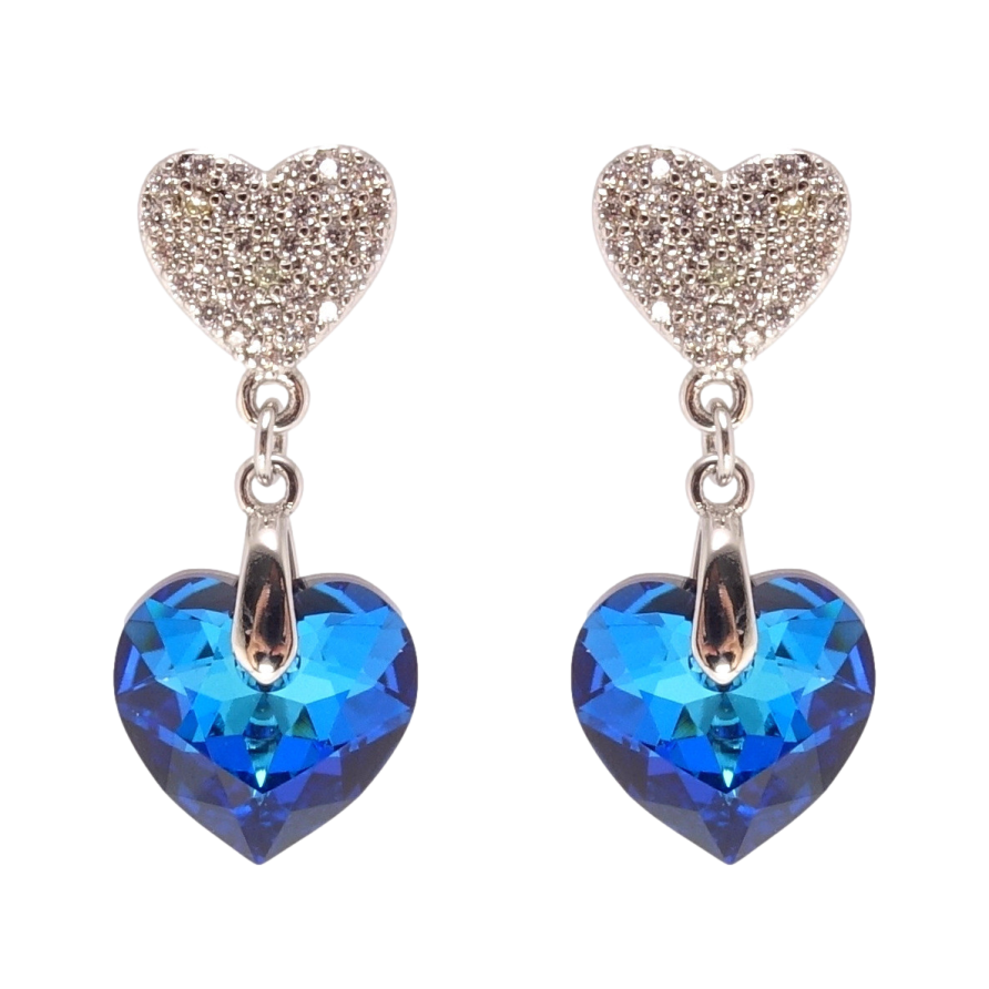 Сережки Xuping колір Родій з кристалами Swarovski пусети Сердечки з кристалом Bermuda Blue фото №1