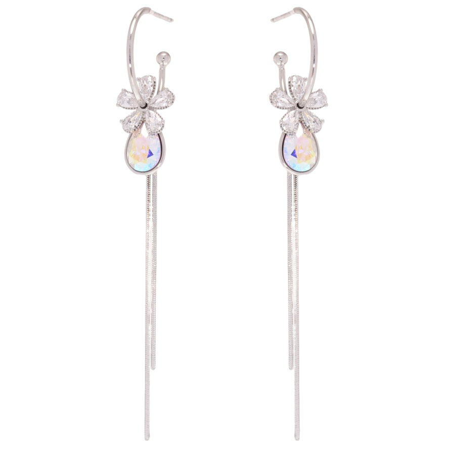 Сережки Xuping колір Родій з кристалами Swarovski пусети Кристальні квіточки з кристалом АВ на колечках фото №1