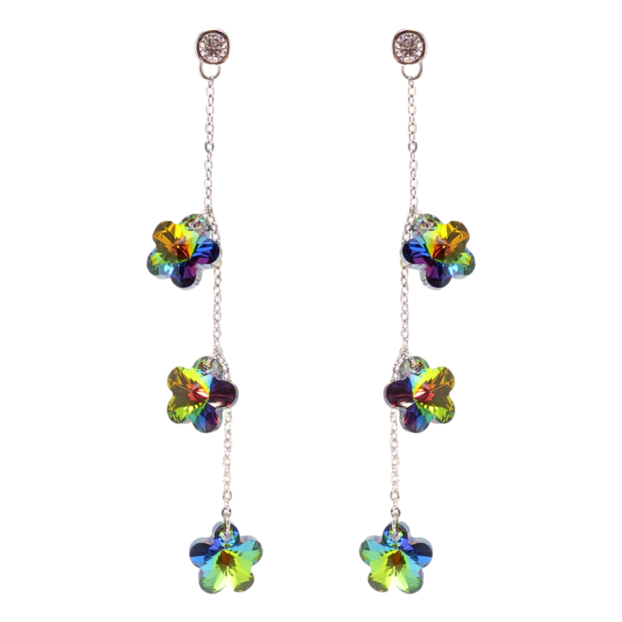 Сережки Xuping колір Родій з кристалами Swarovski пусети Кристальні квіточки Vitrail Medium на ланцюжку фото №1