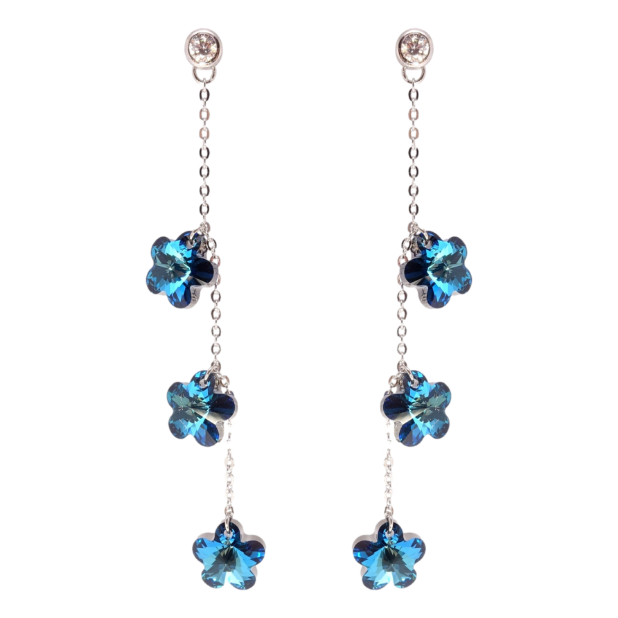Сережки Xuping колір Родій з кристалами Swarovski пусети Кристальні квіточки Bermuda Blue на ланцюжку фото №1