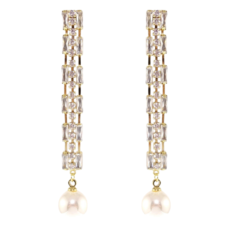 Сережки Xuping QQMM Позолота 14K пусети Кристальні доріжки з перловою підвіскою фото №6