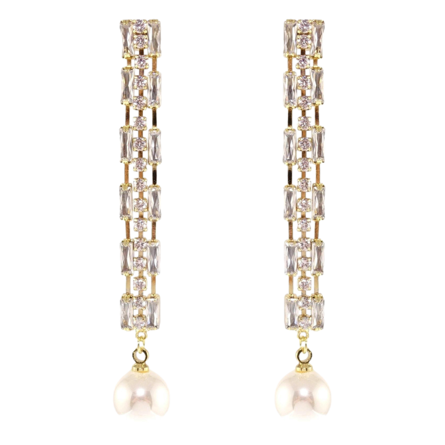 Сережки Xuping QQMM Позолота 14K пусети Кристальні доріжки з перловою підвіскою фото №1