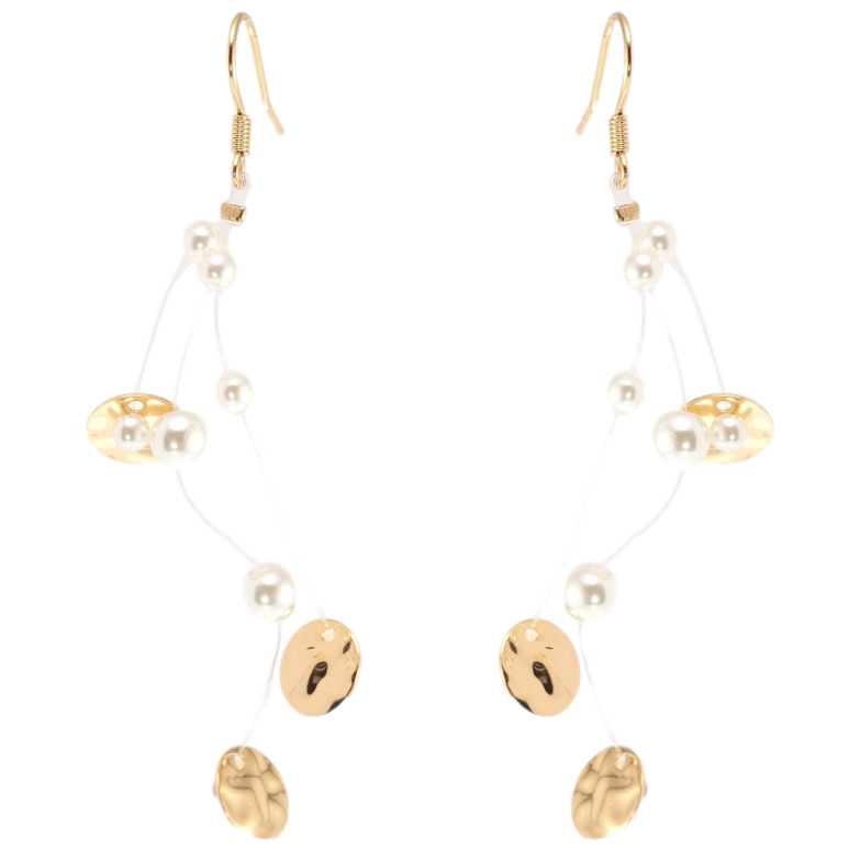 Серьги Xuping Позолота 18K подвески французский замок Жемчужные бусины с золотистыми кругами на леске фото №16