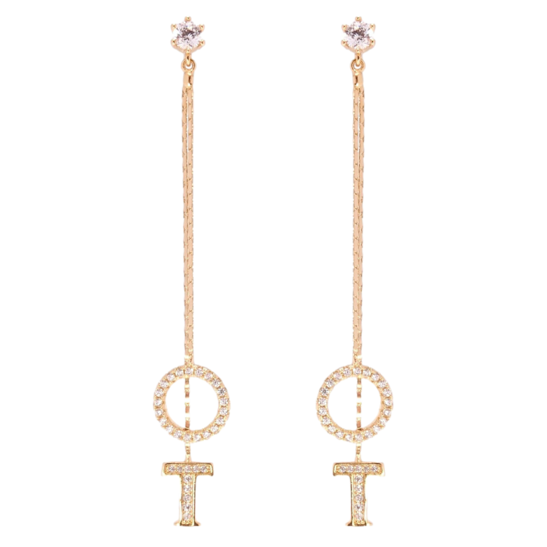 Серьги Xuping Позолота 18K пусеты Буква Т с колечком на цепочках фото №1