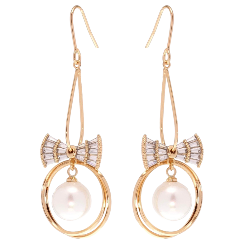 Сережки Xuping Позолота 18K підвіски французький замок Кристальні банти з перловою підвіскою в колечку фото №3