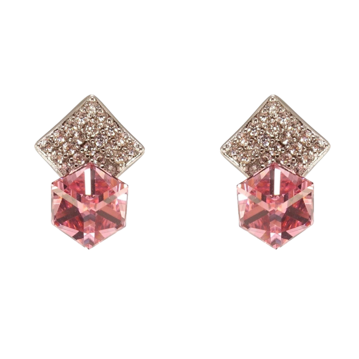 Сережки Xuping колір Родій з кристалами Swarovski пусети Кристальний куб Indian Pink у квадраті фото №10