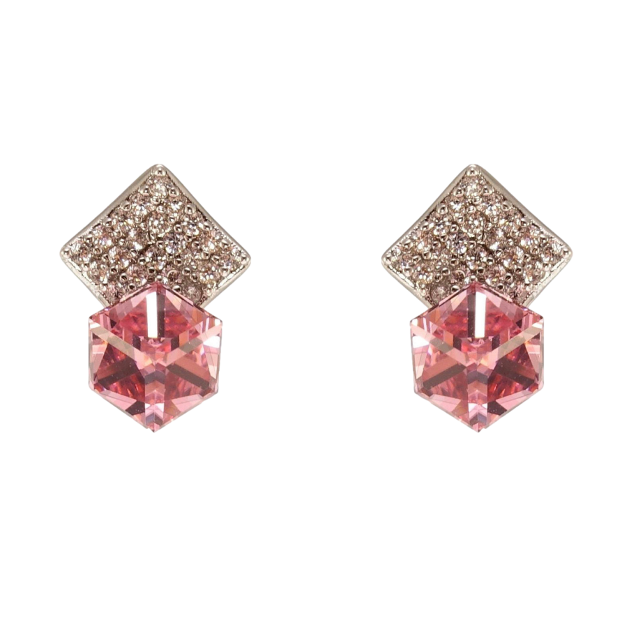Сережки Xuping колір Родій з кристалами Swarovski пусети Кристальний куб Indian Pink у квадраті фото №1