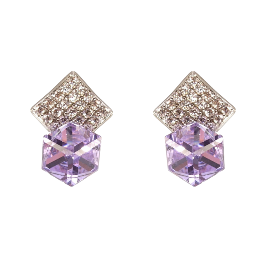 Сережки Xuping колір Родій з кристалами Swarovski пусети Кристальний куб Tanzanite у квадраті фото №1