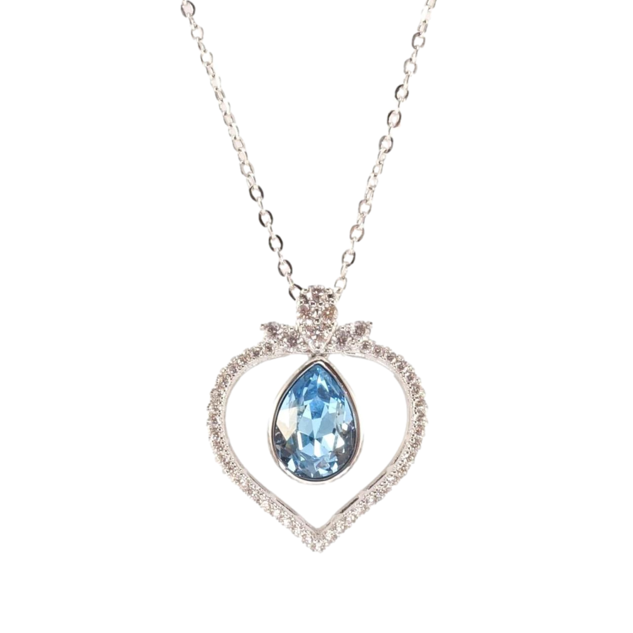 Кулон Xuping цвет Родий с кр-ми Swarovski на цепочке Капелька Aquamarine в обрамлении сердца  дл.42-46см х фото №1