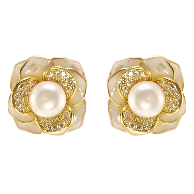 Серьги Xuping QQMM Позолота 14K пусеты Цветочки с жемчугом, цирконием и белой фото №1