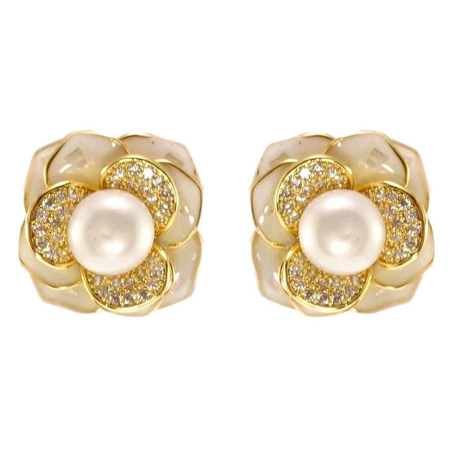 Сережки Xuping QQMM Позолота 14K пусети Квіточки з перлами, цирконієм та білою фото №1